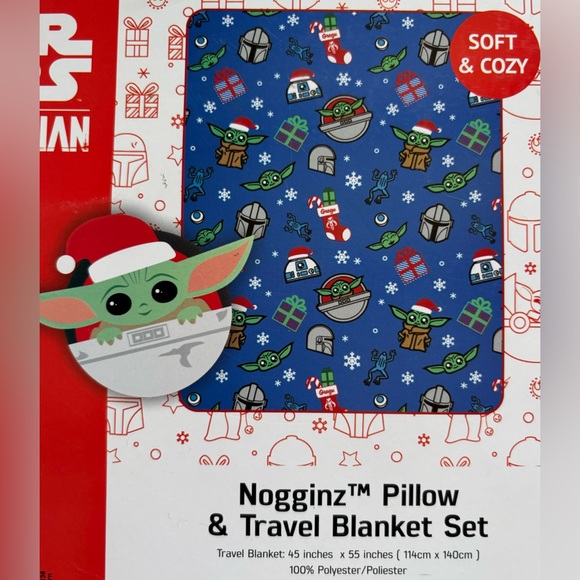 Nogginz Christmas Santa Baby Yoda pillow w/ blue fleece travel blanket Star Wars - Picture 2 of 3